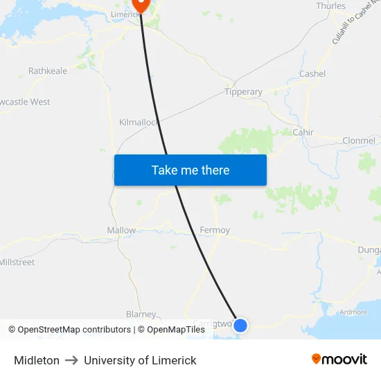 Midleton to University of Limerick map