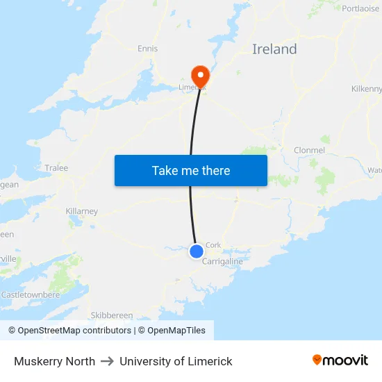 Muskerry North to University of Limerick map