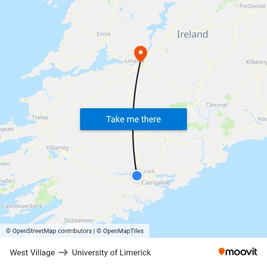 West Village to University of Limerick map