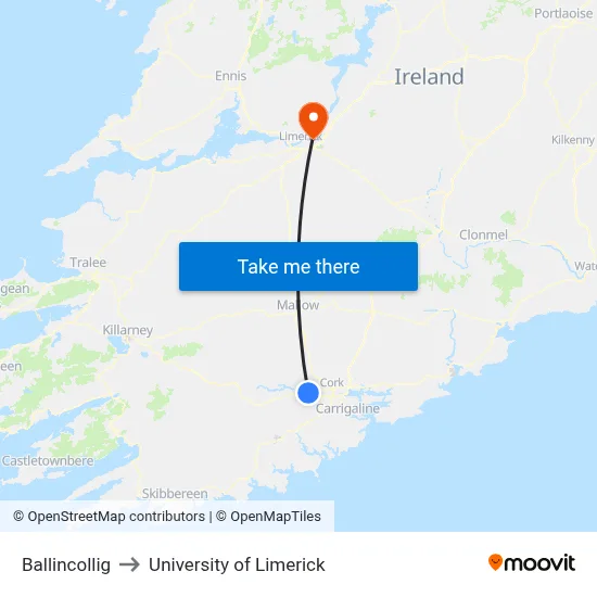 Ballincollig to University of Limerick map