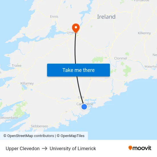 Upper Clevedon to University of Limerick map