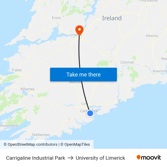 Carrigaline Industrial Park to University of Limerick map