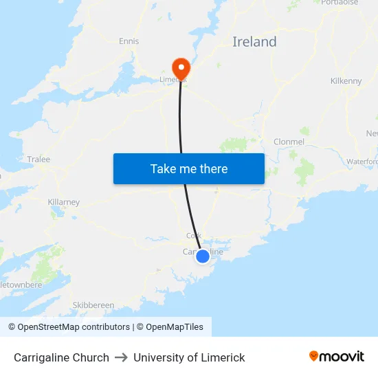 Carrigaline Church to University of Limerick map