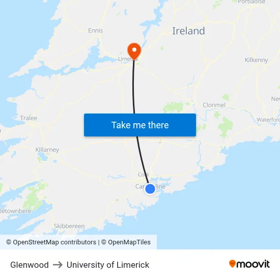Glenwood to University of Limerick map