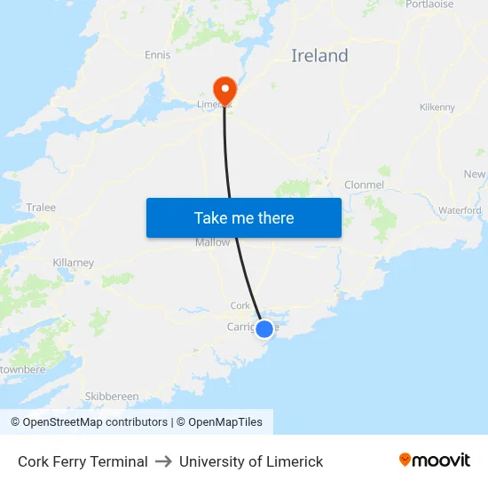 Cork Ferry Terminal to University of Limerick map