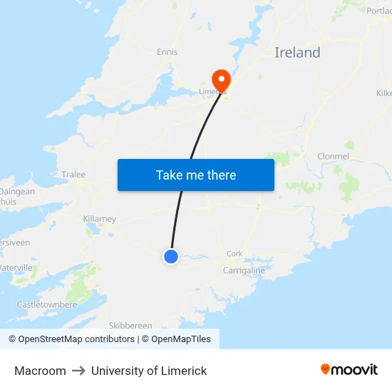 Macroom to University of Limerick map
