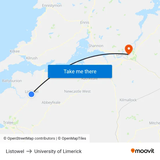 Listowel to University of Limerick map