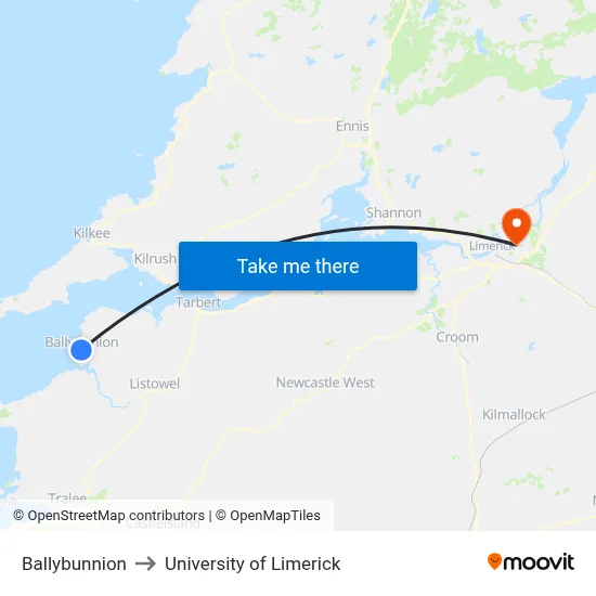 Ballybunnion to University of Limerick map