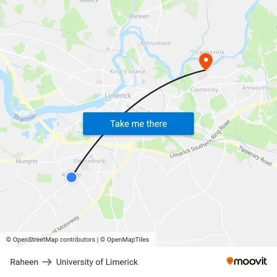 Raheen to University of Limerick map