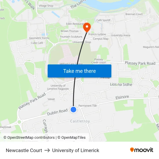 Newcastle Court to University of Limerick map