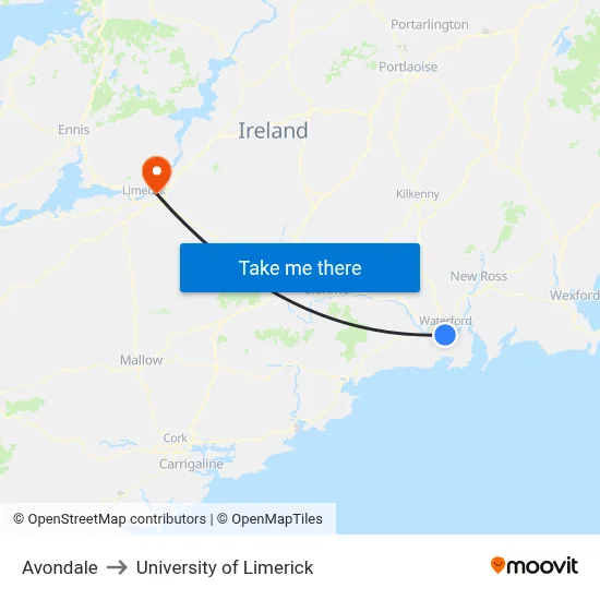 Avondale to University of Limerick map