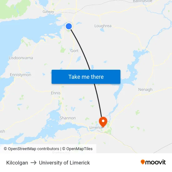 Kilcolgan to University of Limerick map