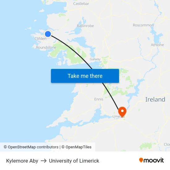 Kylemore Aby to University of Limerick map