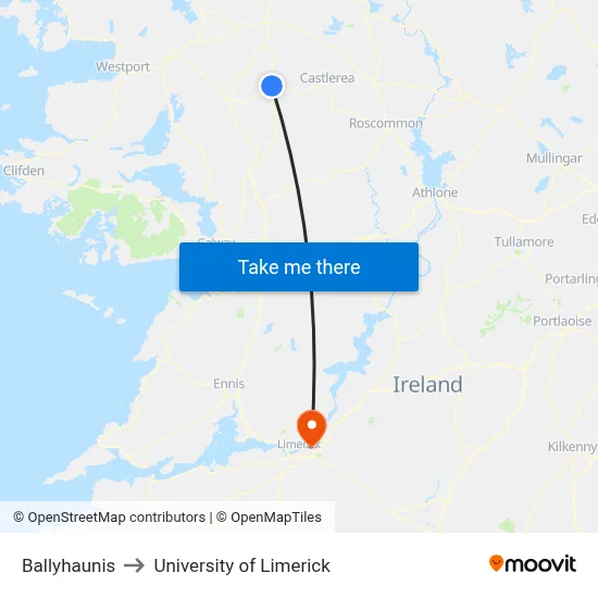 Ballyhaunis to University of Limerick map