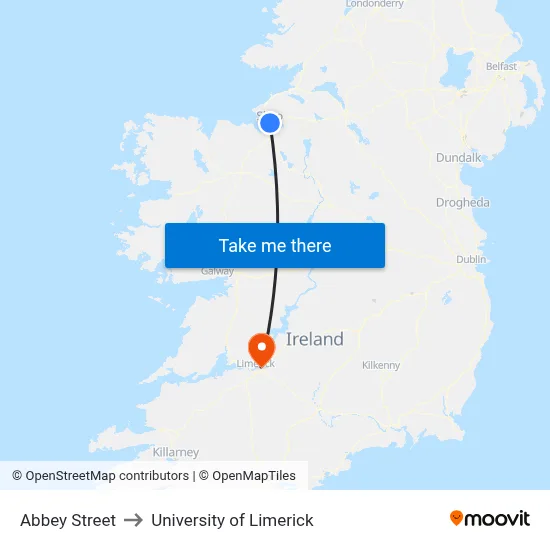 Abbey Street to University of Limerick map