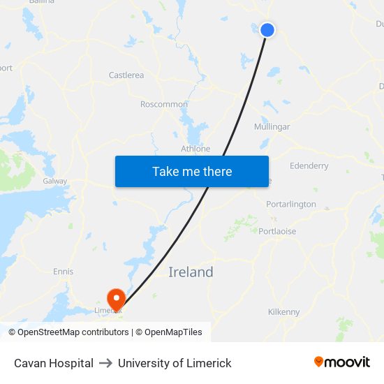 Cavan Hospital to University of Limerick map