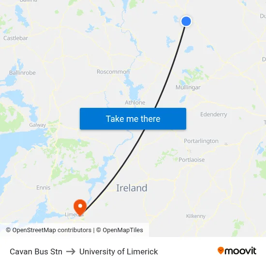 Cavan Bus Stn to University of Limerick map
