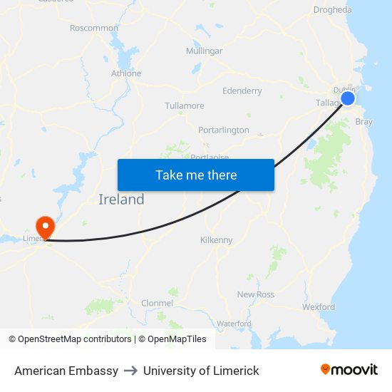 American Embassy to University of Limerick map