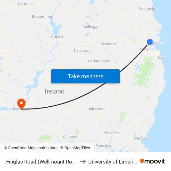 Finglas Road (Wellmount Road) to University of Limerick map