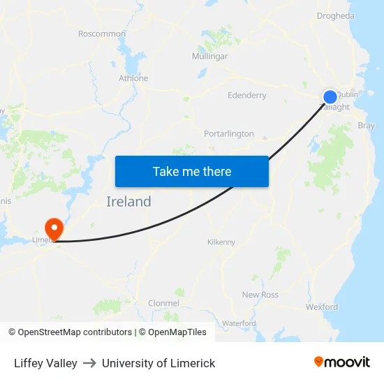 Liffey Valley to University of Limerick map
