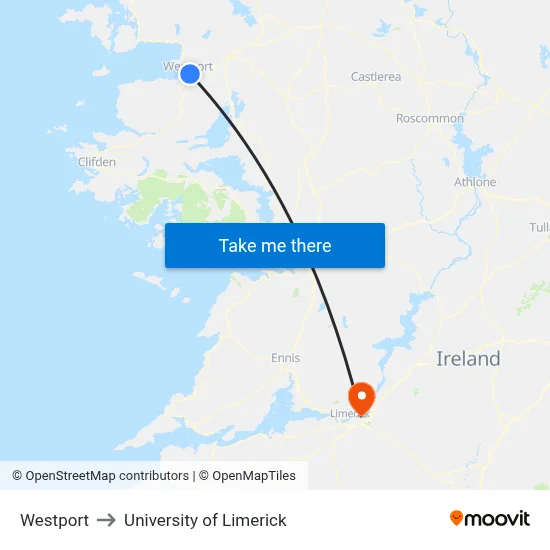 Westport to University of Limerick map