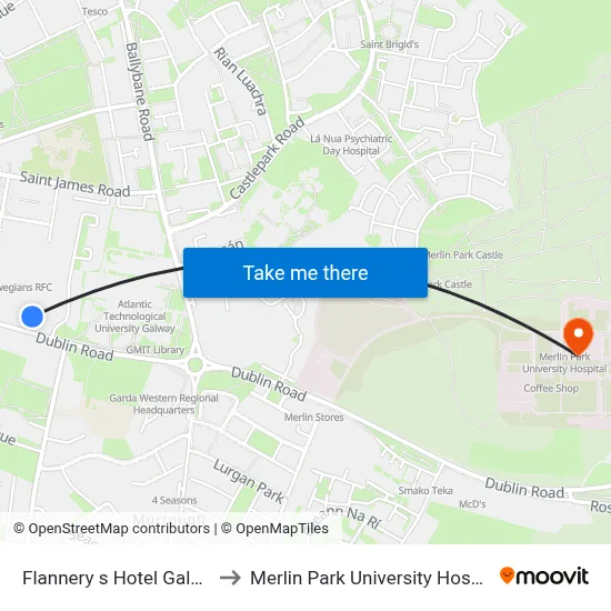 Flannery s Hotel Galway to Merlin Park University Hospital map