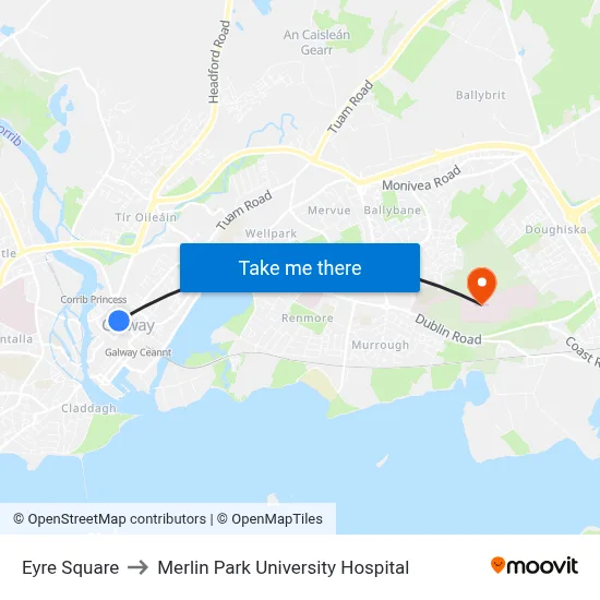 Eyre Square to Merlin Park University Hospital map