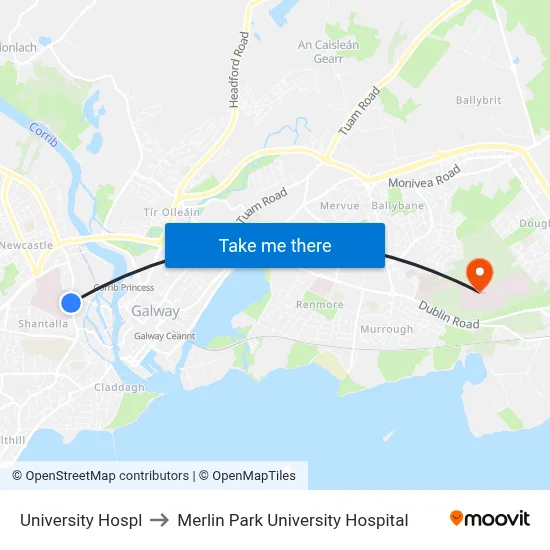 University Hospl to Merlin Park University Hospital map