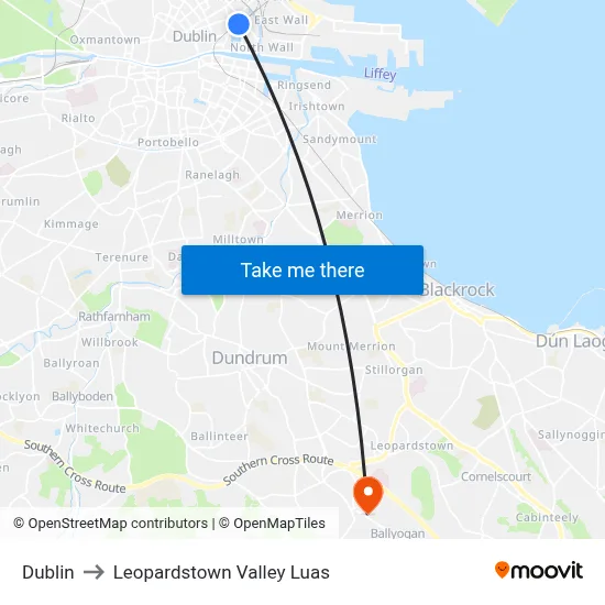 Dublin to Leopardstown Valley Luas map