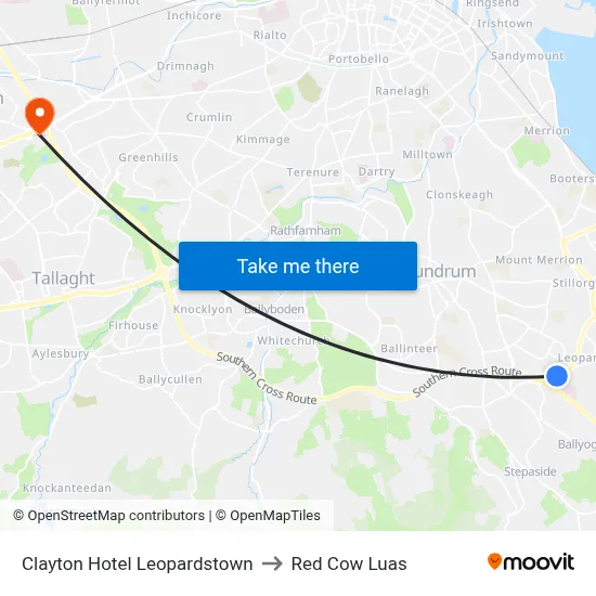 Clayton Hotel Leopardstown to Red Cow Luas map