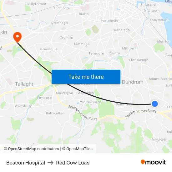 Beacon Hospital to Red Cow Luas map