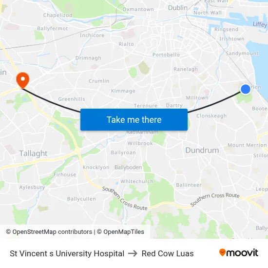St Vincent s University Hospital to Red Cow Luas map