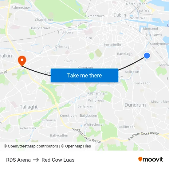 RDS Arena to Red Cow Luas map