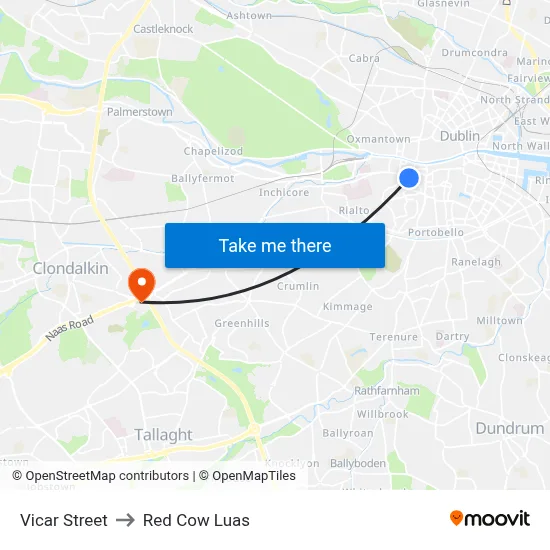 Vicar Street to Red Cow Luas map