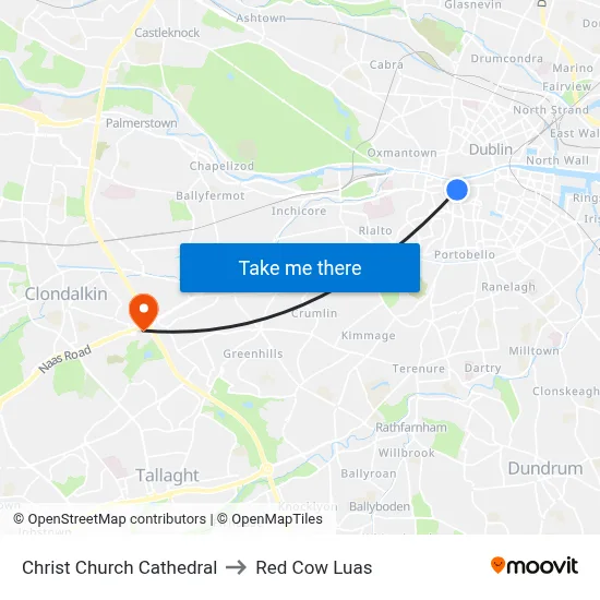 Christ Church Cathedral to Red Cow Luas map