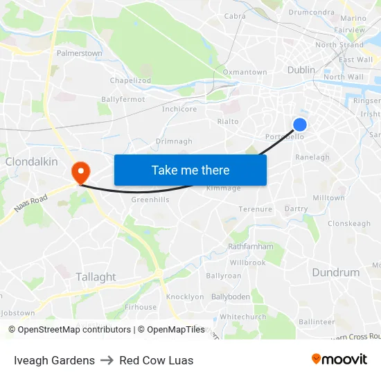 Iveagh Gardens to Red Cow Luas map