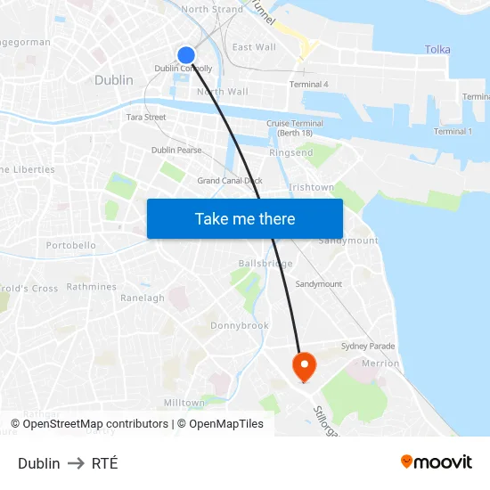 Dublin to RTÉ map