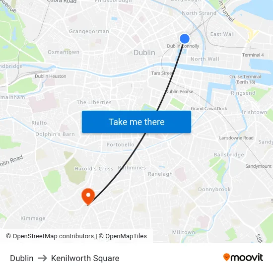 Dublin to Kenilworth Square map