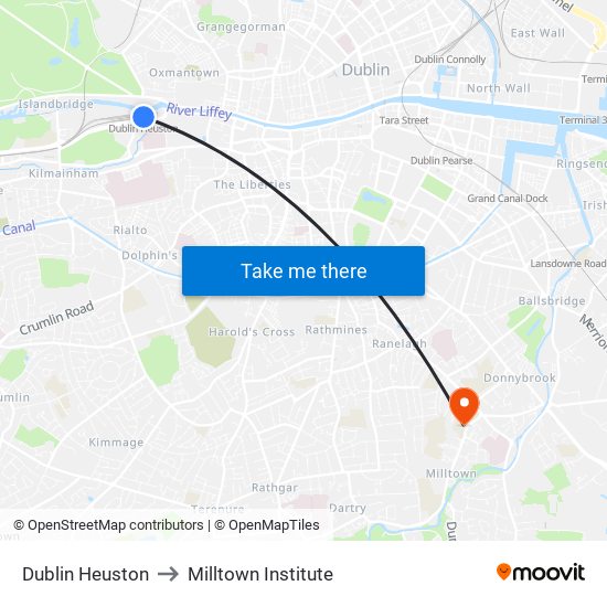 Dublin Heuston to Milltown Institute map