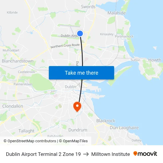 Dublin Airport Terminal 2 Zone 19 to Milltown Institute map