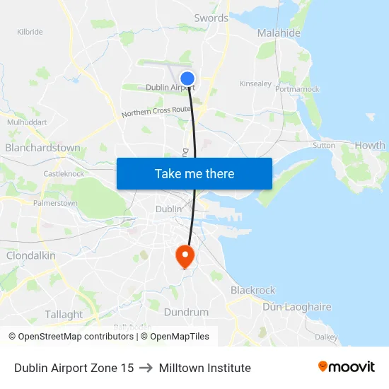 Dublin Airport Zone 15 to Milltown Institute map