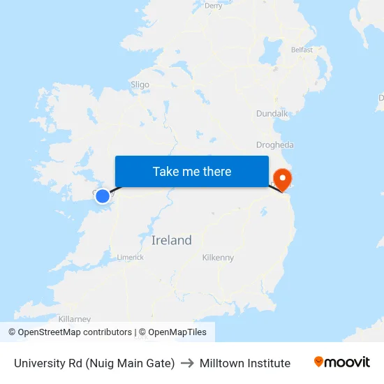 University Rd (Nuig Main Gate) to Milltown Institute map