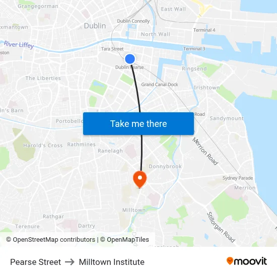 Pearse Street to Milltown Institute map