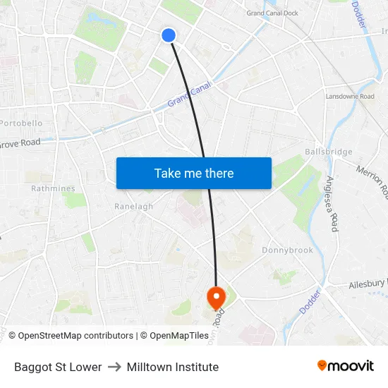 Baggot St Lower to Milltown Institute map