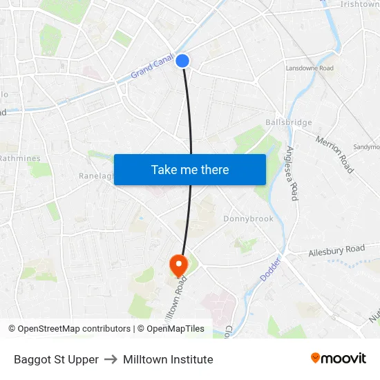 Baggot St Upper to Milltown Institute map