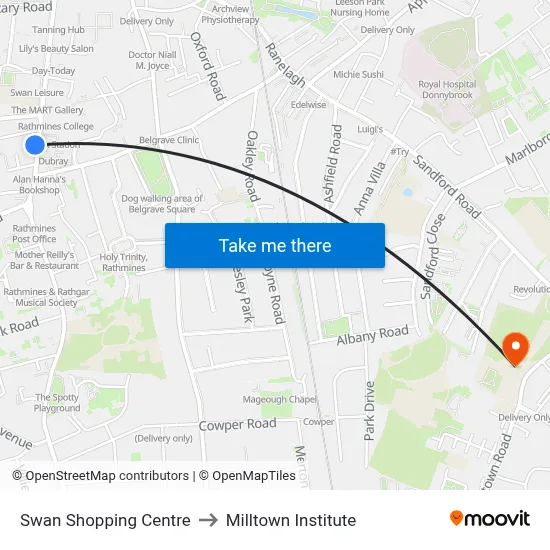 Swan Shopping Centre to Milltown Institute map
