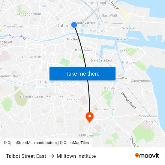 Talbot Street East to Milltown Institute map