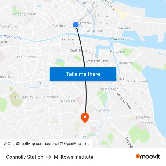 Connolly Station to Milltown Institute map