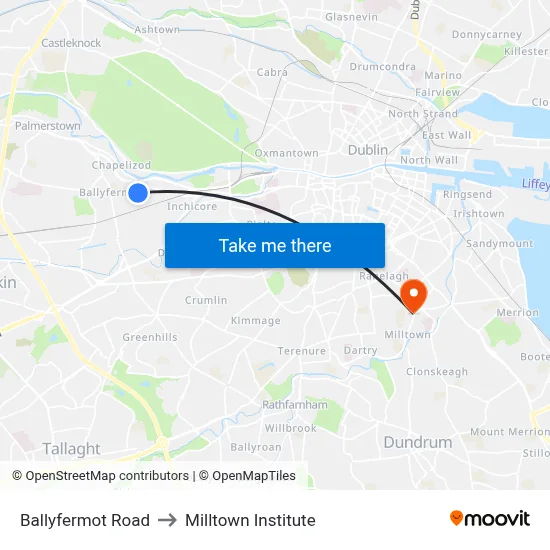 Ballyfermot Road to Milltown Institute map