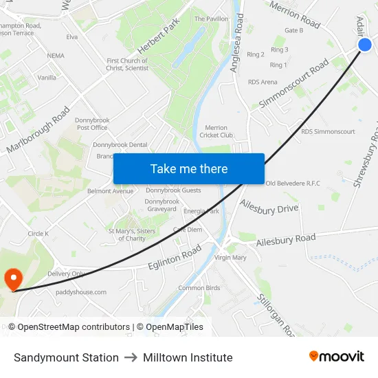 Sandymount Station to Milltown Institute map